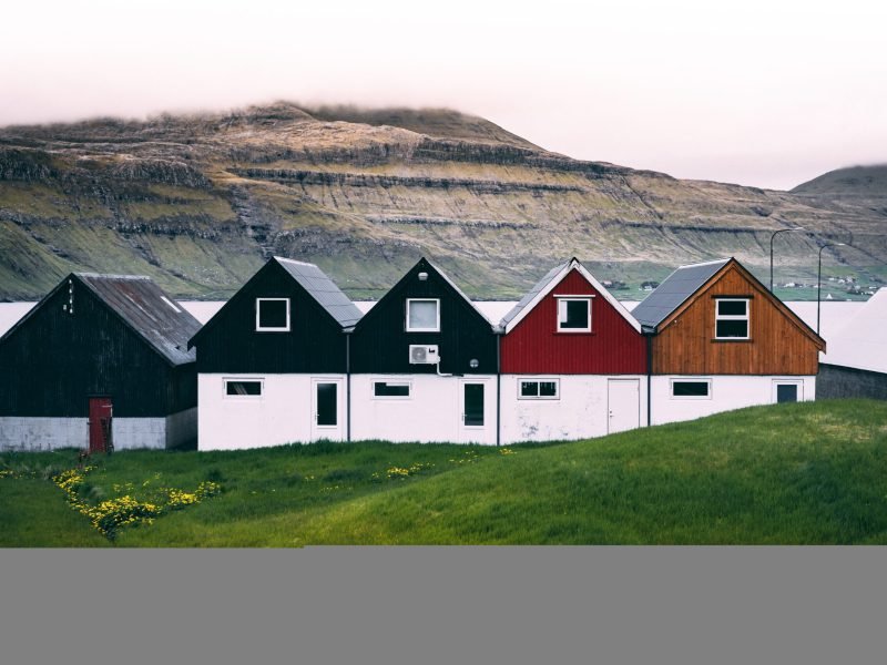 A horizontal view of colourful farmhouses at the coast on green grass ground